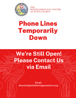 Flyer about phone lines temporarily down. Please reach out via email.